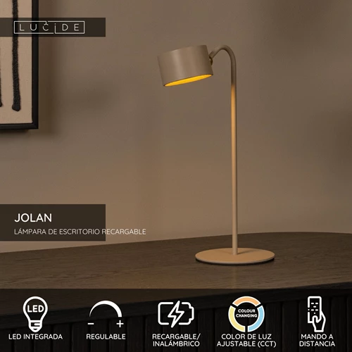 Lucide JOLAN - Lámpara de escritorio Recargable/Lámpara de pinza/Aplique de pared - Batería/acumulador - LED Dim to warm - 1x3,5W 2700K/5700K - Taupe - USP